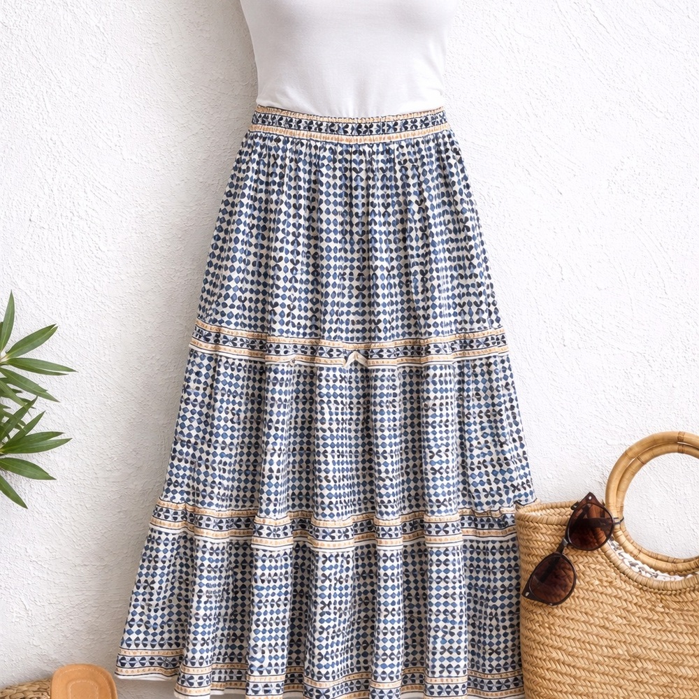 Max Studio London Tiered Midi Skirt Blue Cream Boho Small